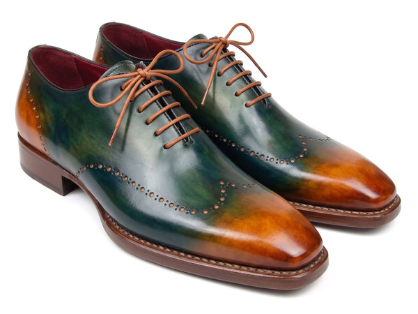 Paul Parkman Men's Goodyear Welted Wingtip Oxfords Green & Cognac Patina (ID#081-GRC)