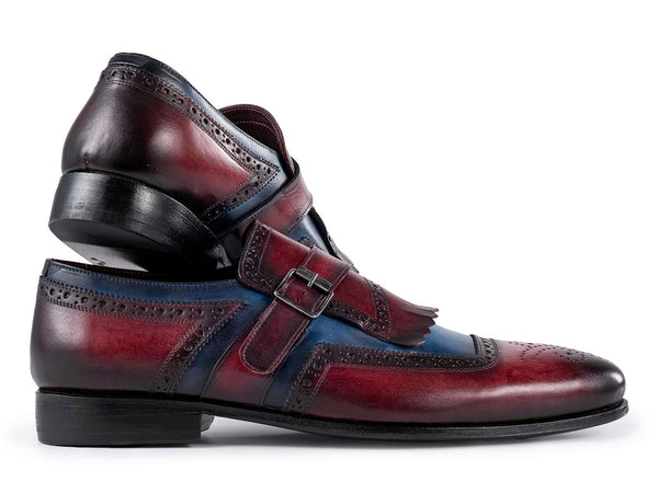 Paul Parkman Men's Kiltie Monkstrap Shoes Blue & Burgundy Leather
