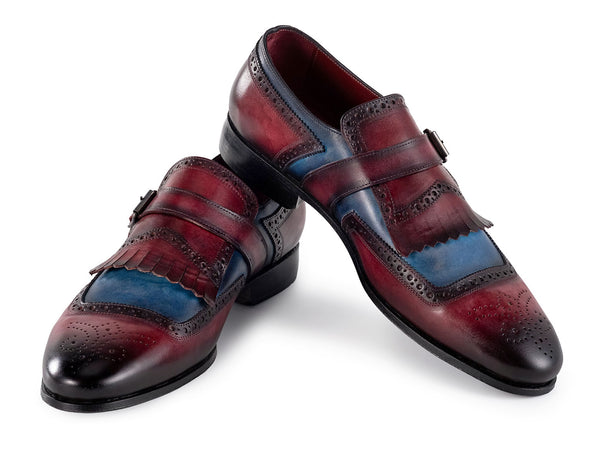 Paul Parkman Men's Kiltie Monkstrap Shoes Blue & Burgundy Leather