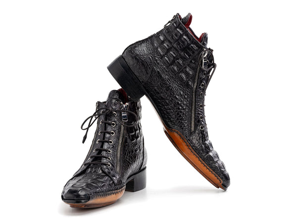 Paul Parkman Black Crocodile Textured Leather Men's Zipper Boots