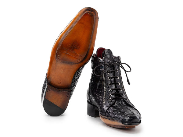 Paul Parkman Black Crocodile Textured Leather Men's Zipper