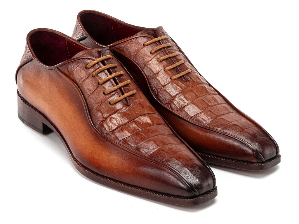 Paul Parkman Men's Camel Brown Croco Textured Leather Bicycle Toe Oxfords (ID#94-255)