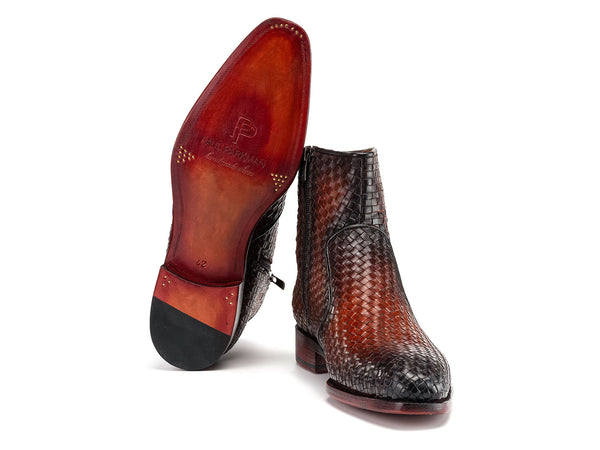 Paul Parkman Brown Burnished Woven Leather Zipper Boots (ID