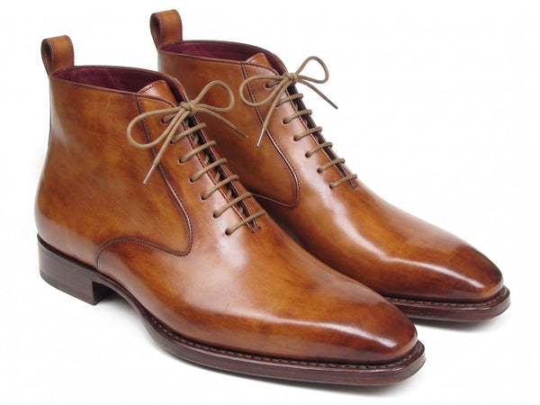 Paul Parkman Men's Cognac Leather Plain Toe Lace-Up Dress Boots (ID#BT4812-CGN)