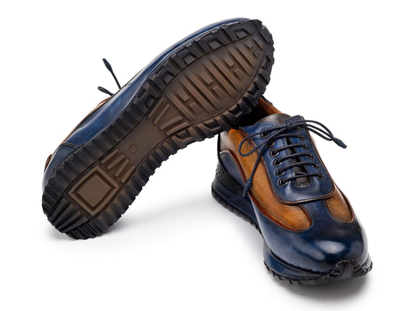 Paul Parkman Men's Blue & Camel Patina Leather Sneakers (ID