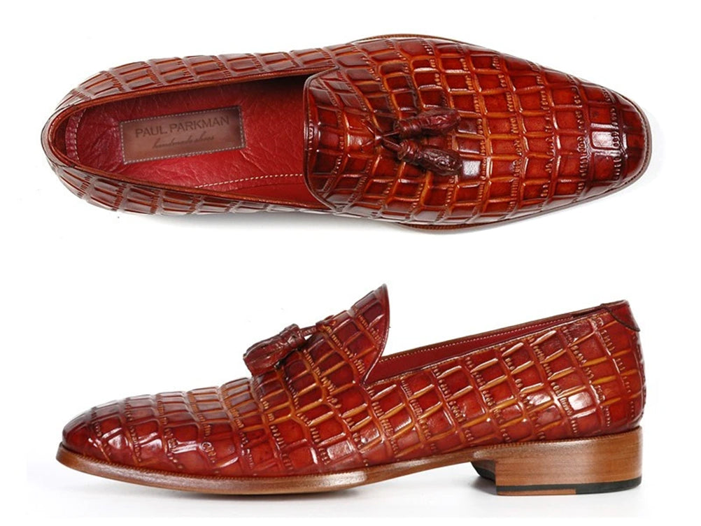 Paul Parkman Reddish Camel Croc Emb. Calfskin Tassel Loafer (ID#0823-RDSH)