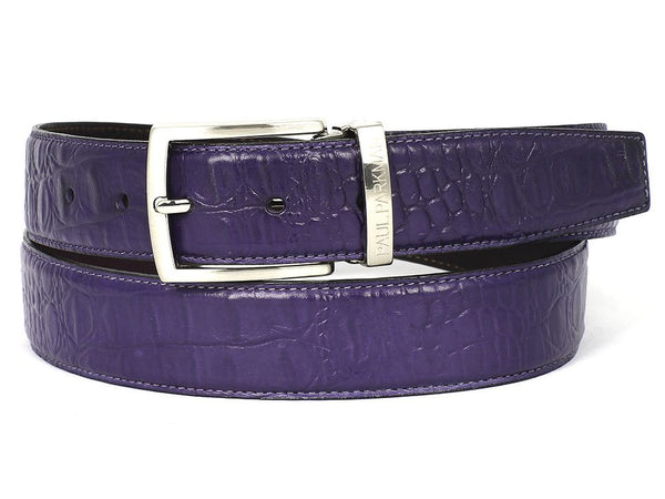 PAUL PARKMAN Men's Crocodile Textured Leather Belt Purple (ID#B02-PURP)