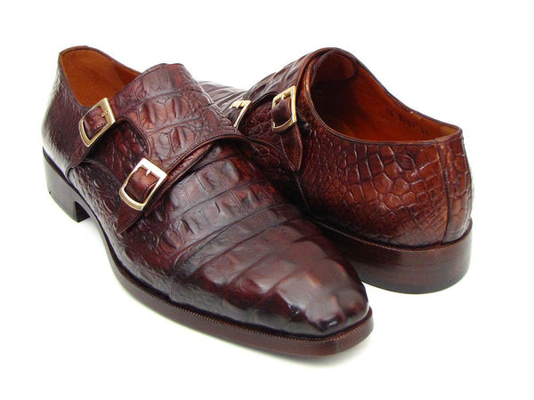 Paul Parkman Gray Woven & Croc Embossed Monkstraps - HK588-GRY