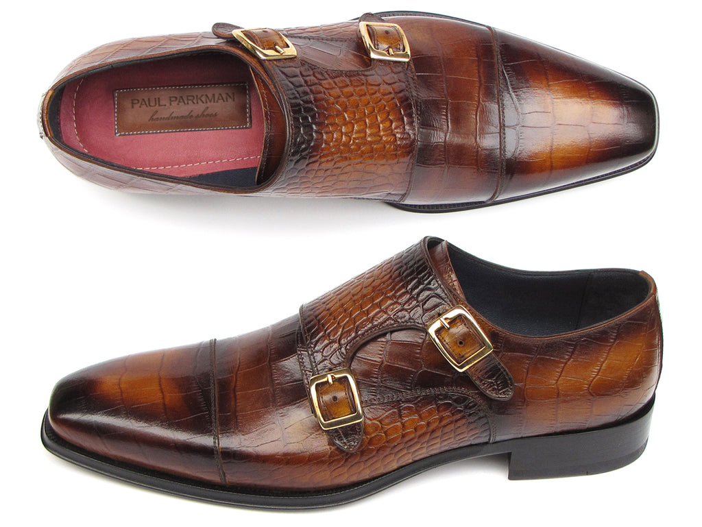 Paul Parkman Men's Brown Crocodile Embossed Calfskin Double Monkstrap (ID#045-APR-BRW)