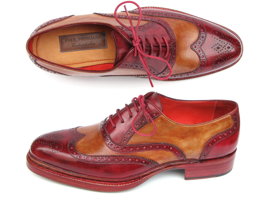 Paul Parkman Men's Triple Leather Sole Wingtip Brogues Bordeaux & Camel (ID#027-TRP-CMLBRD)