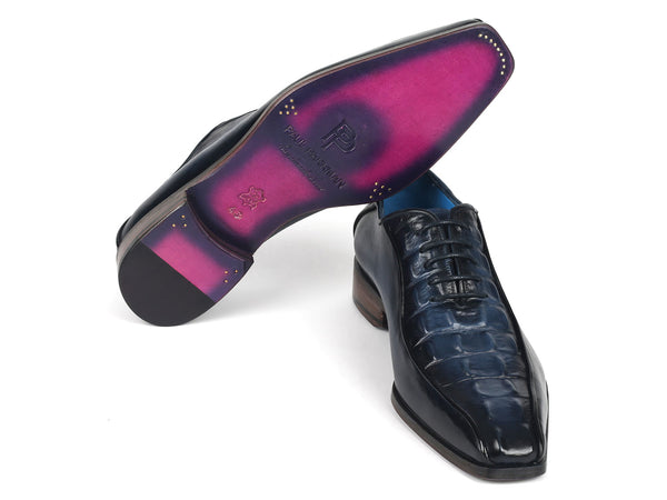 Paul Parkman Navy Croco Textured Leather Bicycle Toe Oxfords