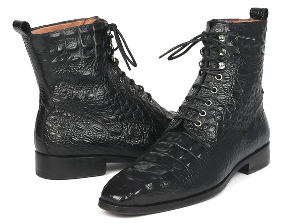 Paul Parkman Men's Black Croco Embossed Leather Lace-Up