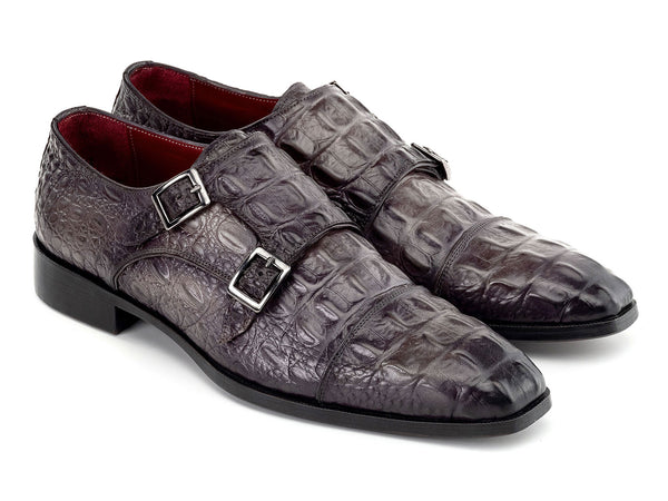 Paul Parkman Double Monkstrap Shoes Gray Crocodile Textured Leather (ID#045BF96)