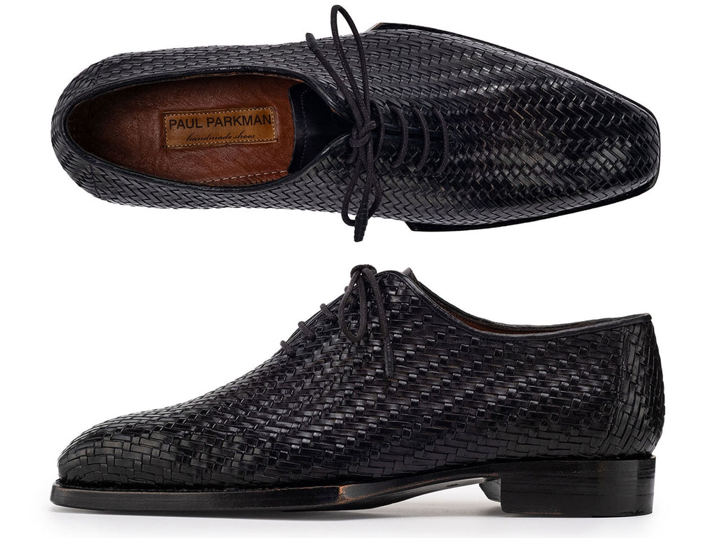 Paul Parkman Black Woven Leather Hand-Welted Oxford Shoes for Men (ID#144WN72)