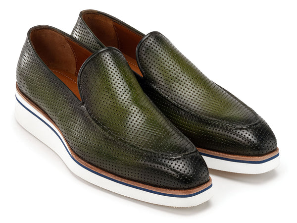 Paul Parkman Men's Smart Casual Perforated Leather Loafers Green (ID#186-PR-GRN)