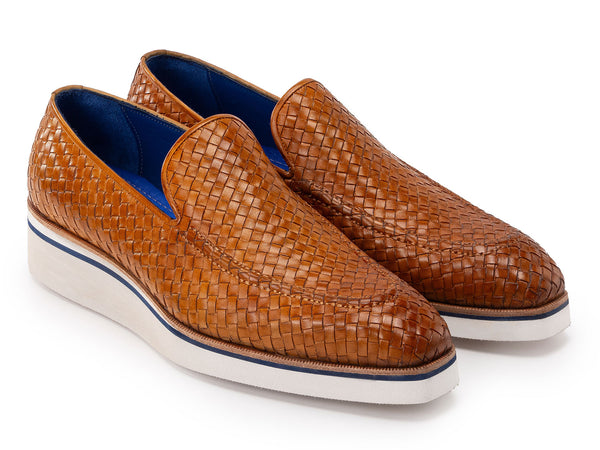 Paul Parkman Men's Smart Casual Light Brown Woven Leather Loafers (ID#186-WN-CML)