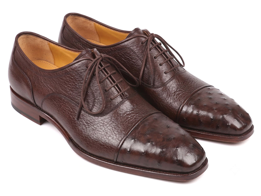 Paul Parkman Men's Brown Genuine Ostrich Skin Cap Toe Oxford Shoes (ID#24XS-BRW)