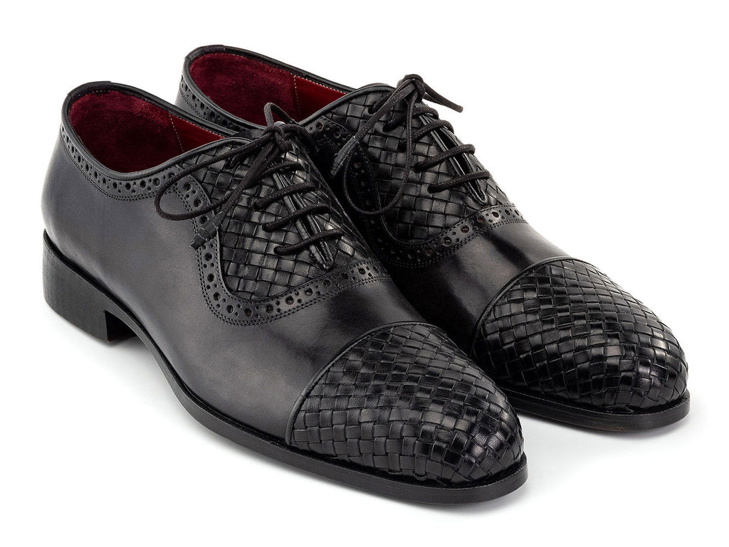 Paul Parkman Men's Black Woven Leather Cap Toe Oxford Shoes (ID#49851-BLK)