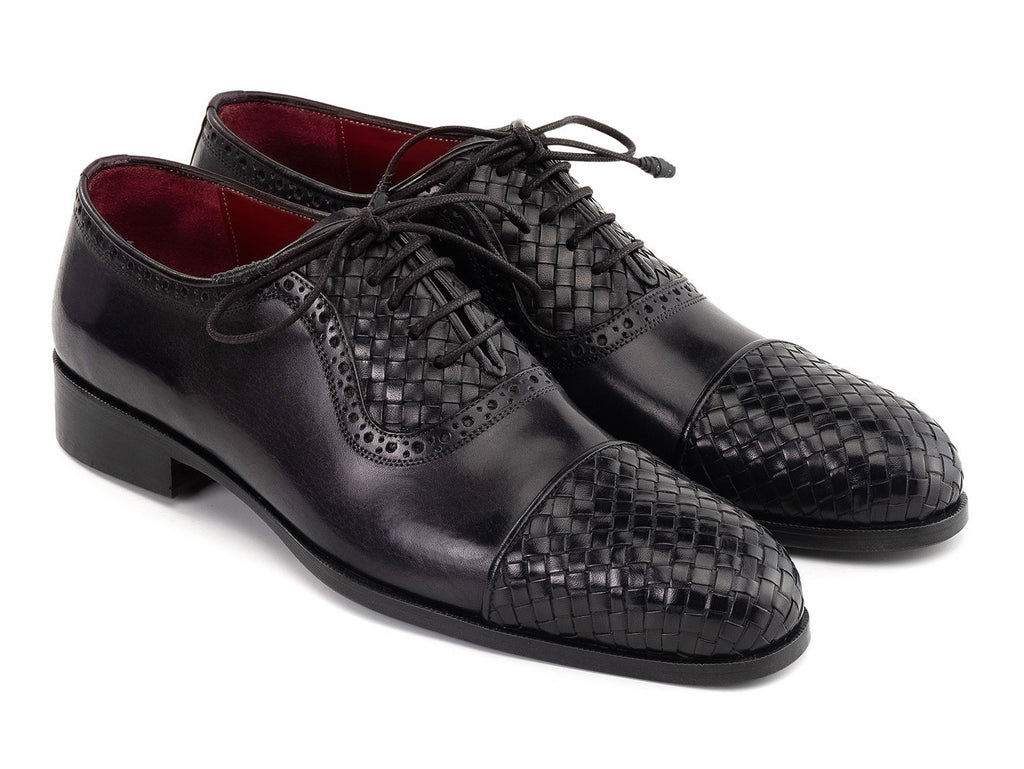 Paul Parkman Men's Black Woven Leather Cap Toe Oxford Shoes (ID#49851-BLK)