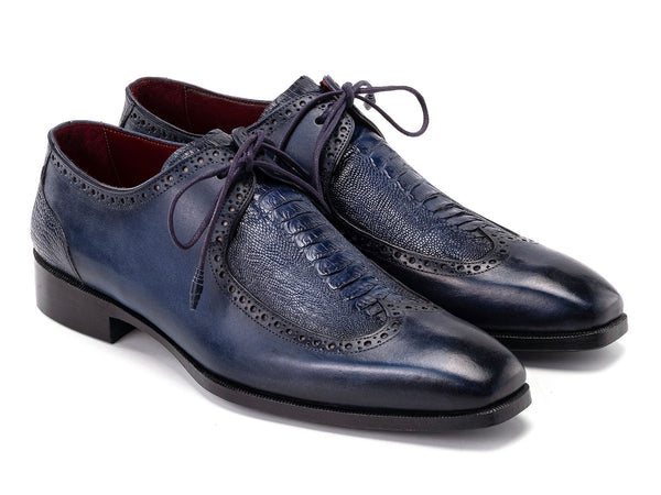 Paul Parkman Men's Navy Blue Genuine Ostrich Leg & Calfskin Derby Shoes (ID#788NV61)