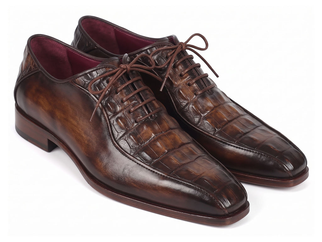 Paul Parkman Men's Antique Brown Croco Textured Leather Bicycle Toe Oxfords (ID#94-263)
