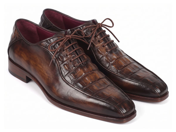 Paul Parkman Men's Antique Brown Croco Textured Leather Bicycle Toe Oxfords (ID#94-263)