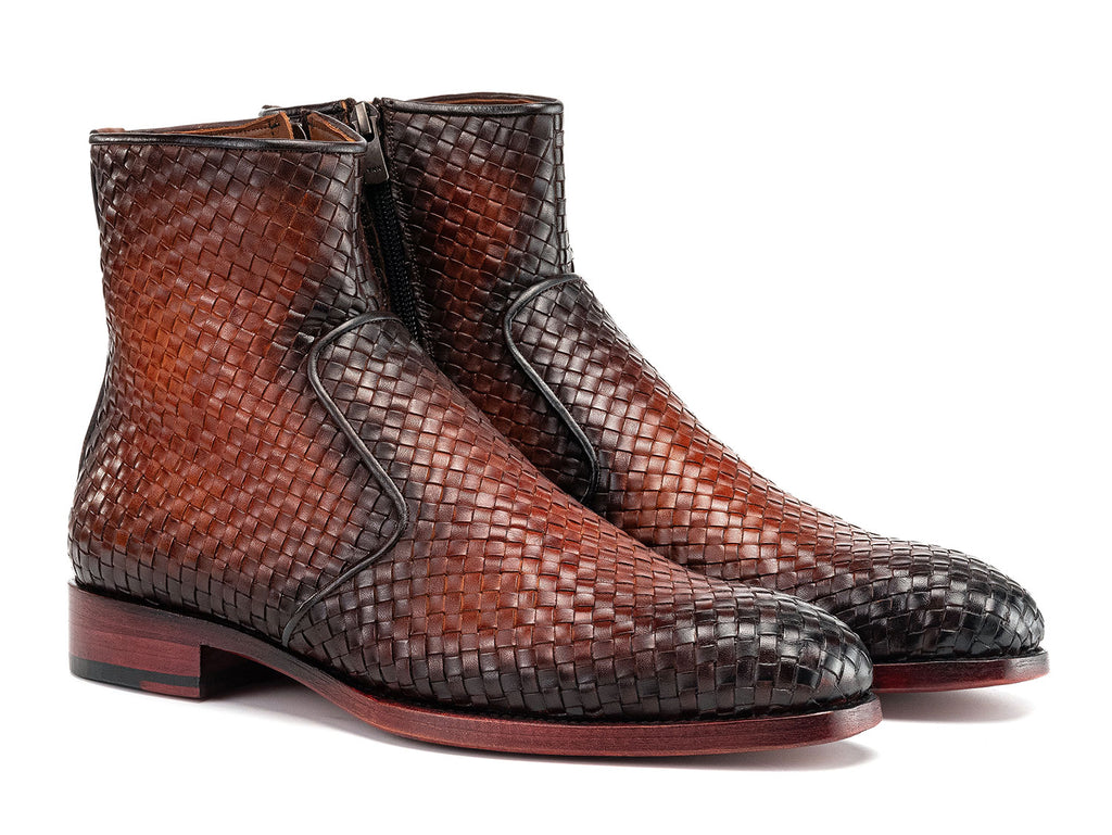 Paul Parkman Brown Burnished Woven Leather Zipper Boots (ID#BT269BRW)