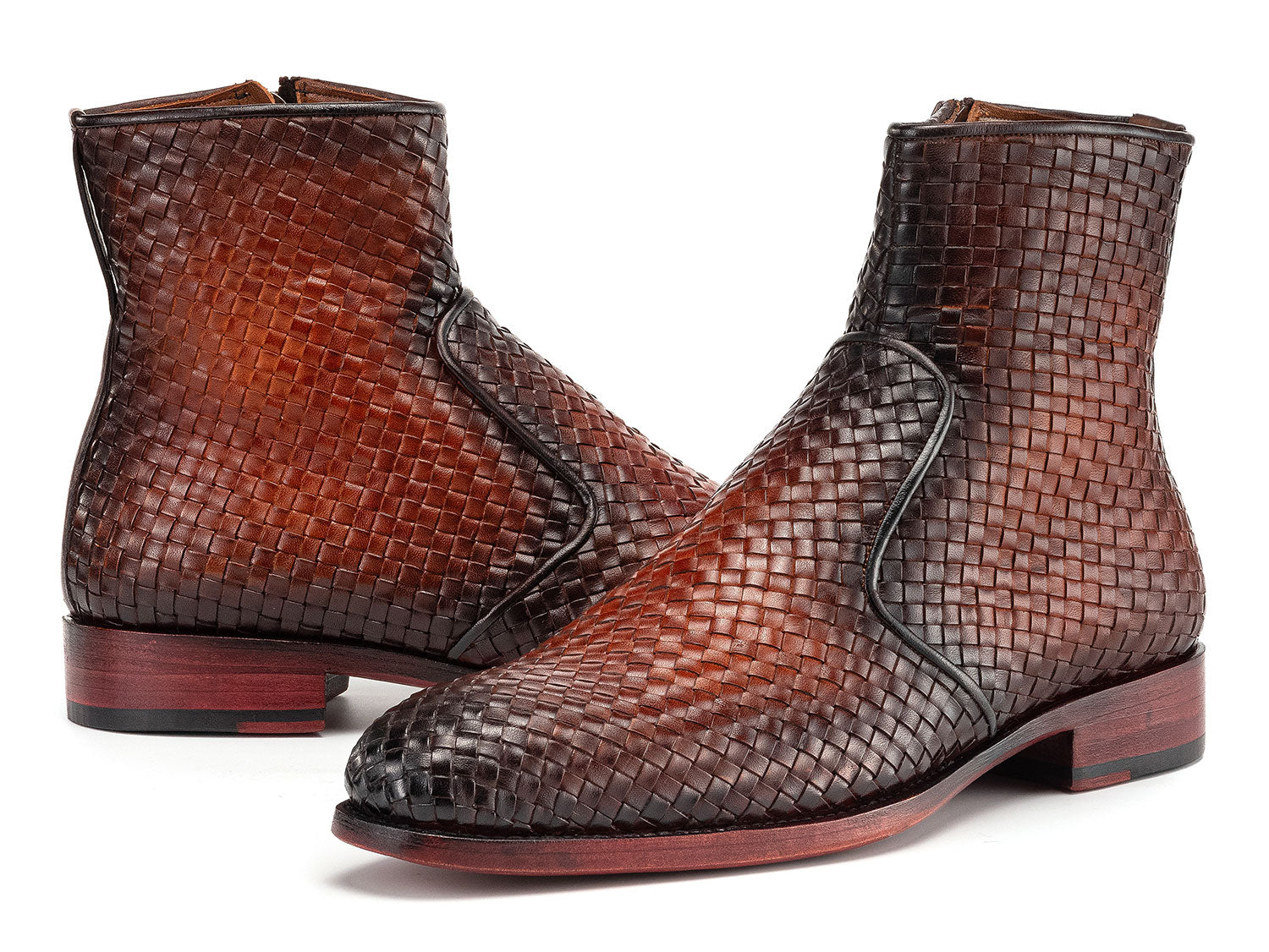 Paul Parkman Brown Burnished Woven Leather Zipper Boots (ID#BT269BRW) PAUL PARKMAN Handmade Shoes Paul Parkman Brown Burnished Woven Leather Zipper Boots (ID#BT269BRW) PAUL PARKMAN Handmade Shoes