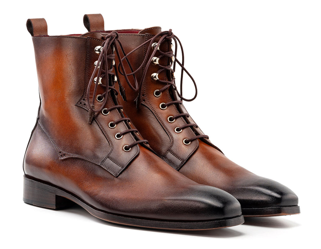 Paul Parkman Men's Brown Burnished Leather Lace-Up Boots (ID#BT534-BRW)