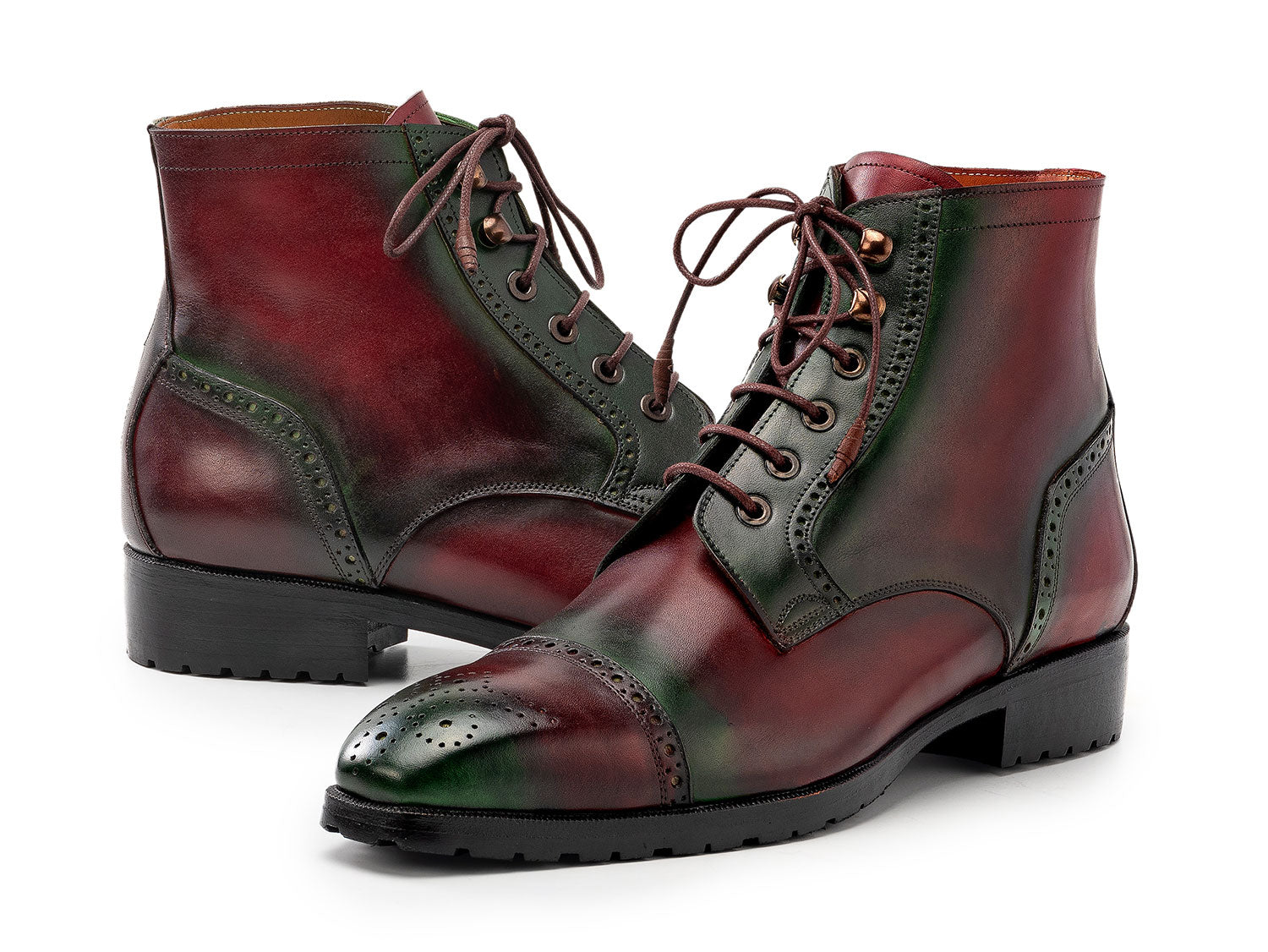 Paul Parkman Men's Green & Brown Hand-Painted Cap Toe Boots (ID#BT9566 PAUL PARKMAN Handmade Shoes Paul Parkman Men's Green & Brown Hand-Painted Cap Toe Boots (ID#BT9566 PAUL PARKMAN Handmade Shoes