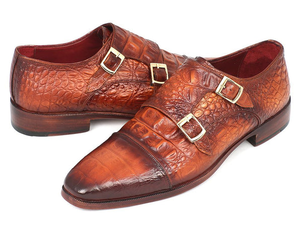 Paul Parkman Men's Double Monkstrap Brown Crocodile Embossed Calfskin ...