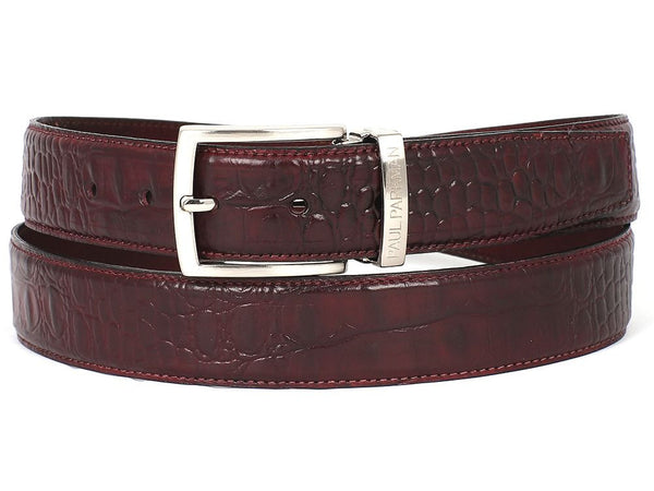 PAUL PARKMAN Men's Crocodile Textured Leather Belt Dark Bordeaux (ID#B02-DBRD)