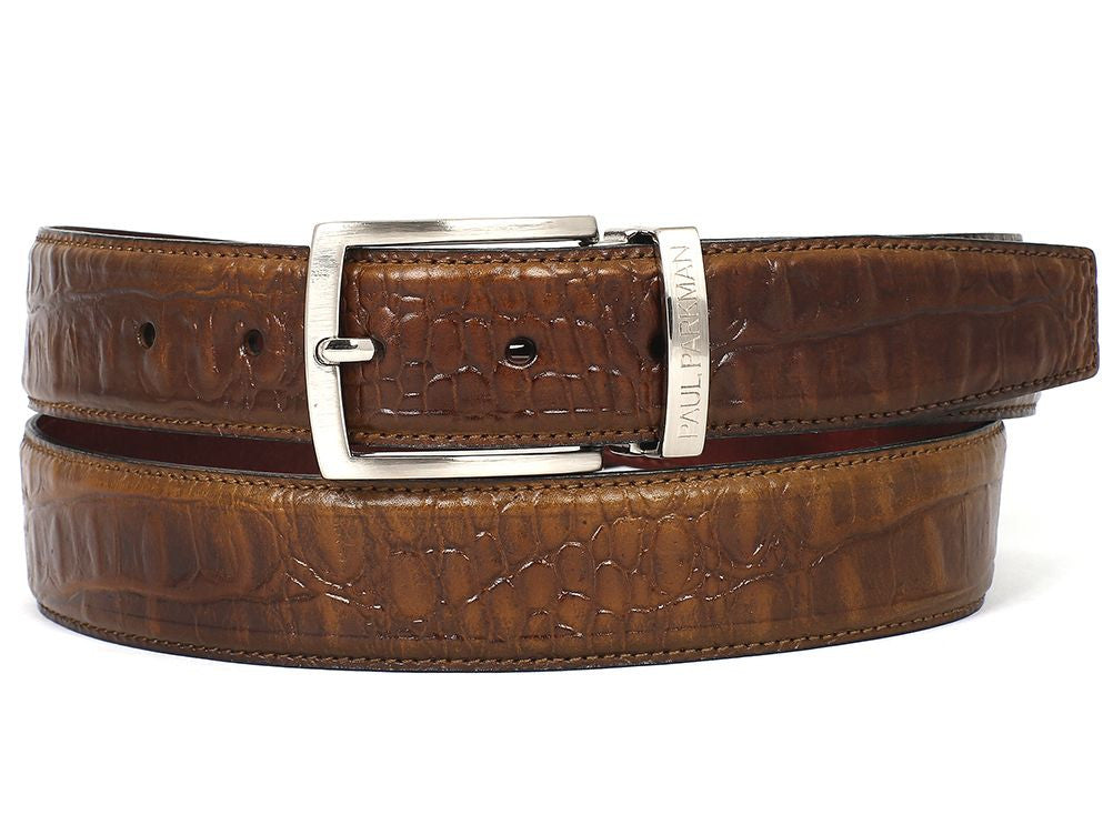 PAUL PARKMAN Men's Crocodile Textured Leather Belt Olive (ID#B02-OLV)