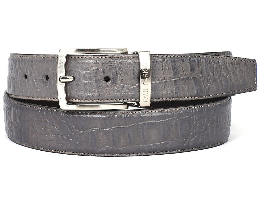 PAUL PARKMAN Men's Crocodile Textured Leather Belt Gray (ID#B02-GRY)