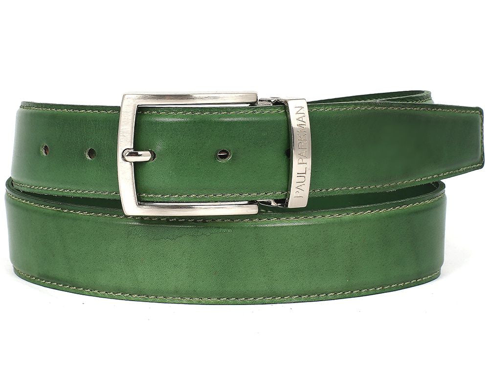 PAUL PARKMAN Men's Leather Belt Hand-Painted Green (ID#B01-LGRN