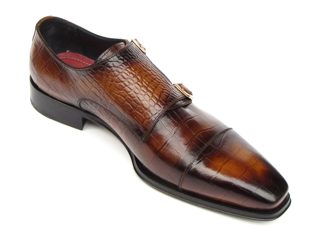 Paul Parkman Brown Crocodile Embossed Calfskin Double Monkstrap - 045-APR-BRW